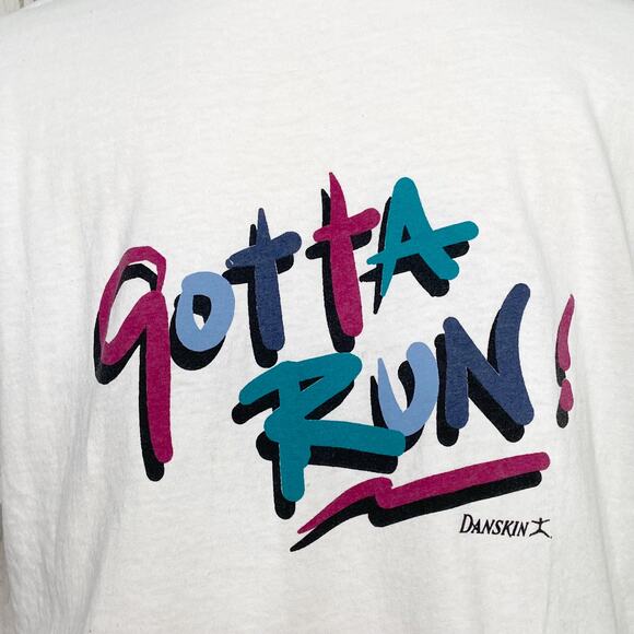Vintage Danskin Can't Stay...Gotta Run! Graphic Tee White Crop 90s Gym Size L - Picture 6 of 7
